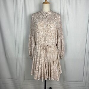 Fate - Paisley Print Mini Dress Long Sleeve Drawstring Waist - Tan/White - Small